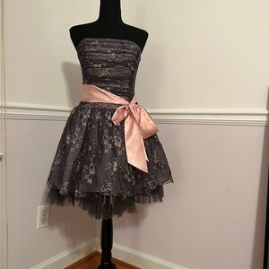 Jessica McClintock Strapless Dress – Grey with Silver Sparkle & Pink Satin Bow
